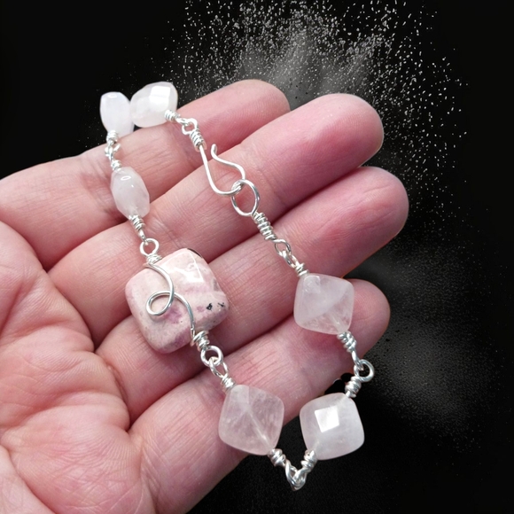 Artisan Peruvian Rhodonite and Rose Quartz Bracelet - Handcrafted w/ Fine Silver - Picture 1 of 6